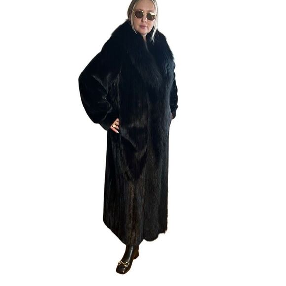 NWT The Caitlin Black Mink Maxi Coat with Fox Tuxedo Collar 52” - Picture 2 of 16